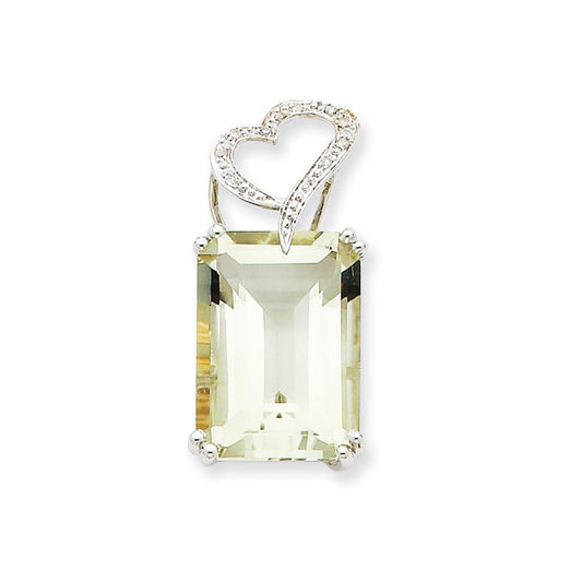 14K White Gold Green Amethyst & Real Diamond Pendant