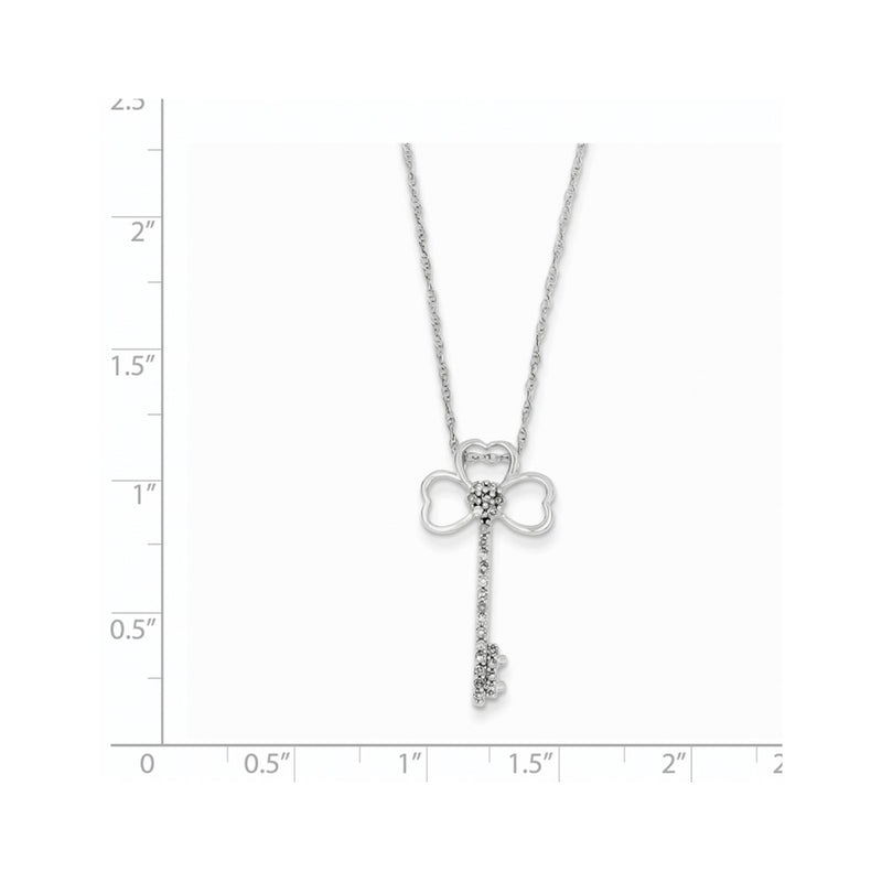 14K White Gold Clover Real Diamond Key Necklace