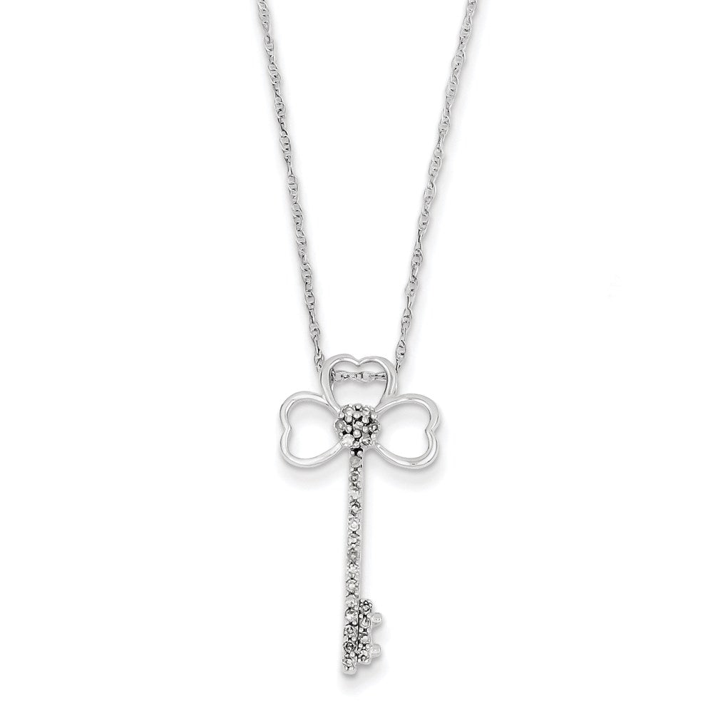 14K White Gold Clover Real Diamond Key Necklace