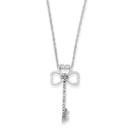 14K White Gold Clover Real Diamond Key Necklace