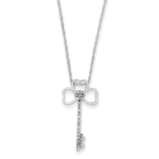 14K White Gold Clover Real Diamond Key Necklace