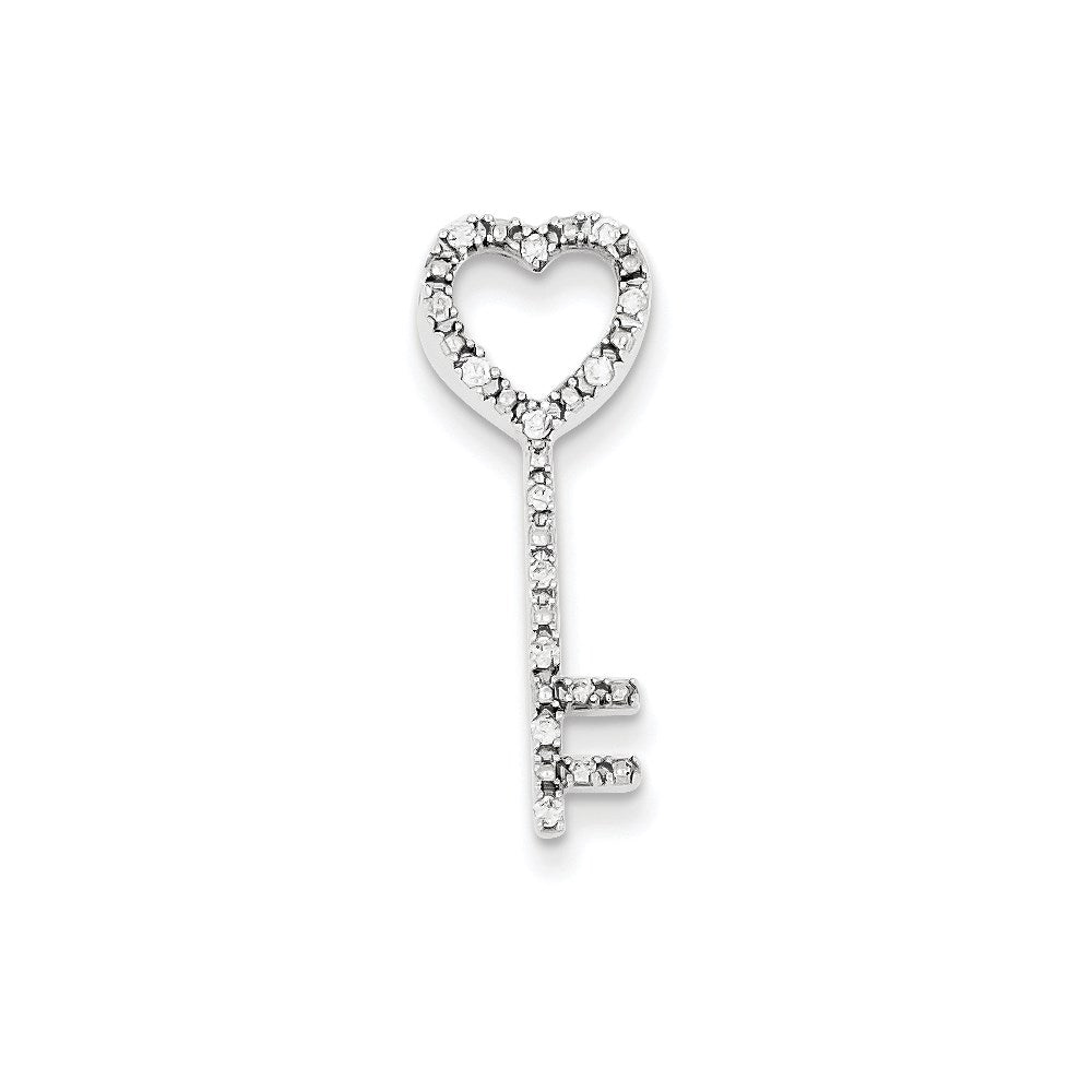 14K White Gold Real Diamond Heart Key Pendant