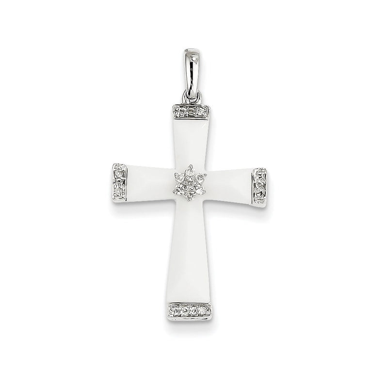14K White Gold White Agate and Diamond Cross Pendant