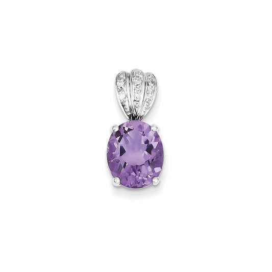 14k White Gold Real Diamond and Amethyst Oval Pendant