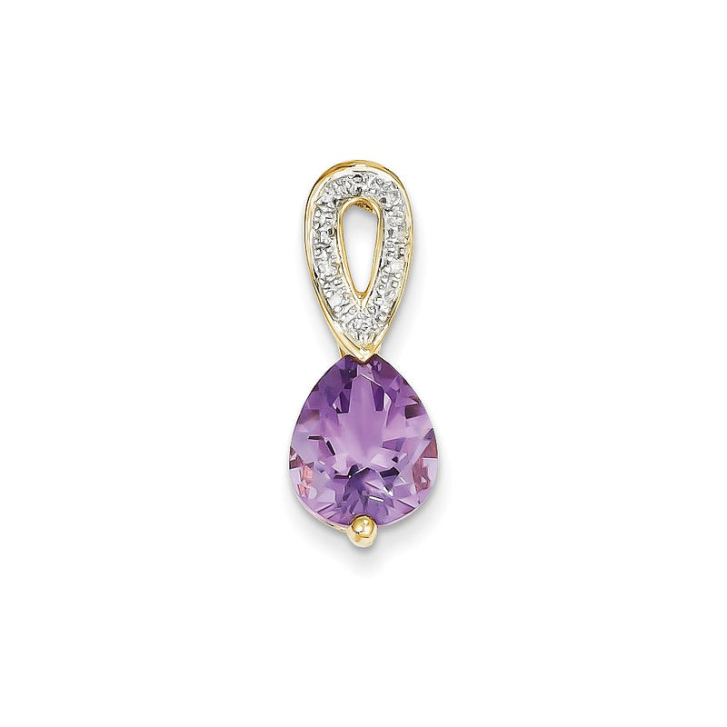 14K Yellow Gold Real Diamond and Amethyst Teardrop Pendant