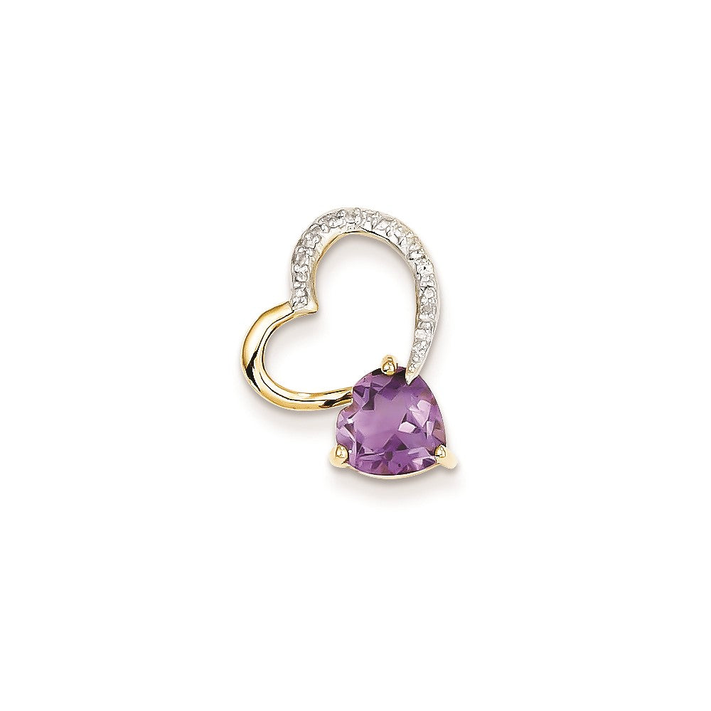 14K Yellow Gold Real Diamond and Amethyst Heart Pendant