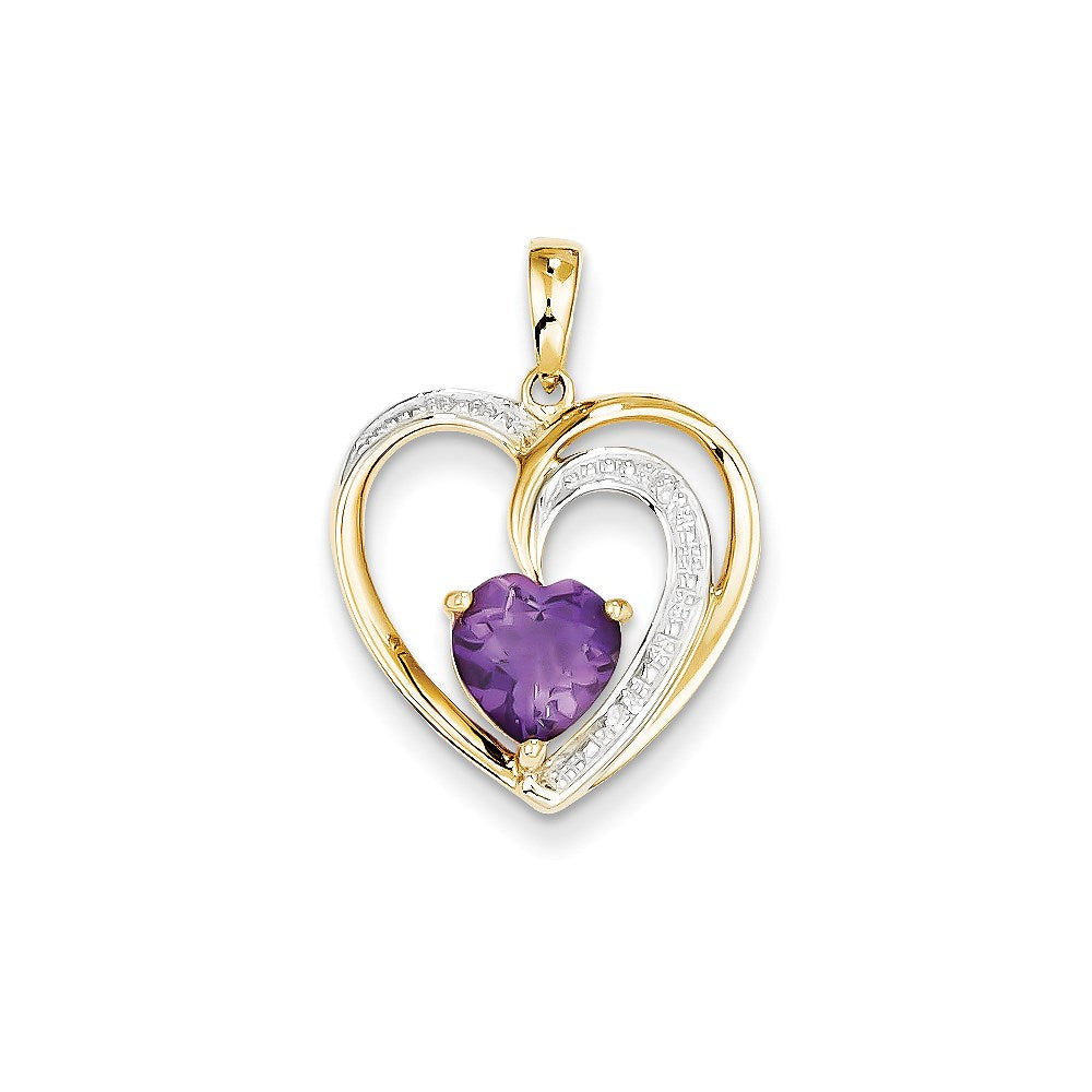 14K Yellow Gold Real Diamond and Amethyst Heart Pendant