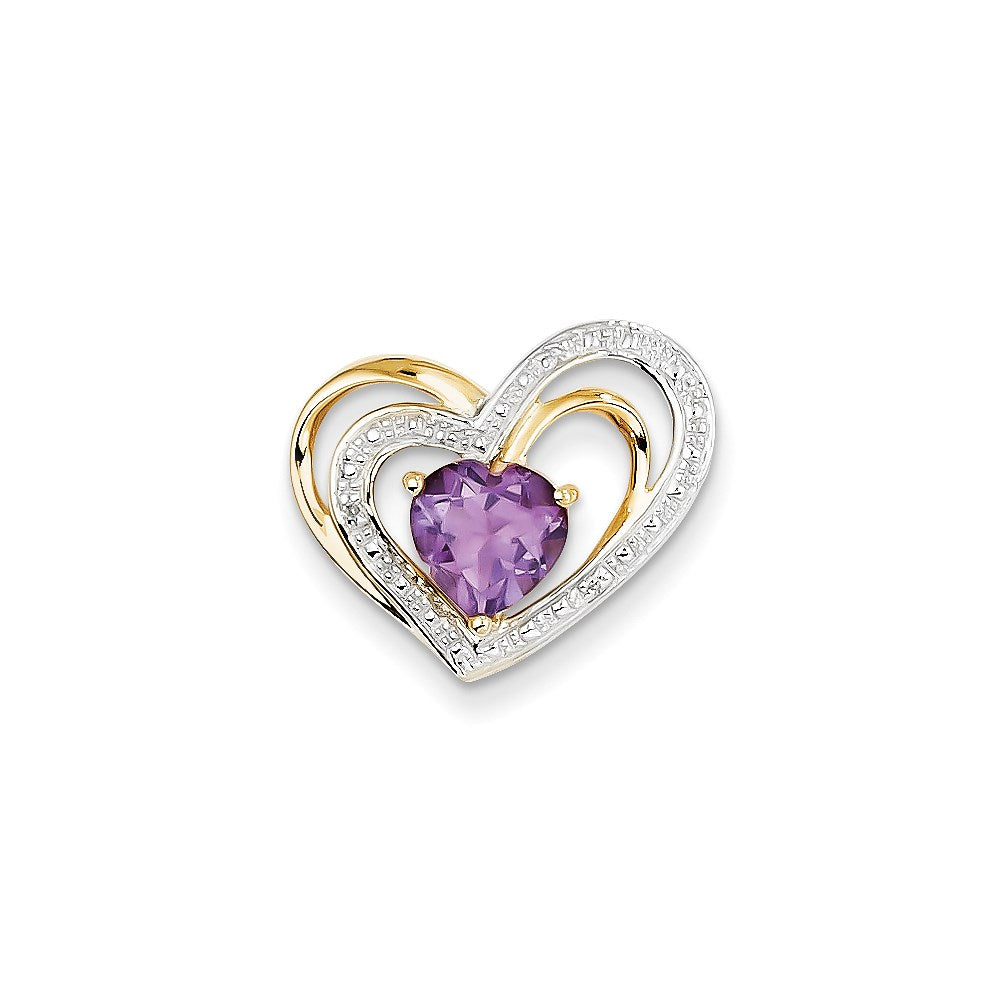 14K Yellow Gold Real Diamond and Amethyst Heart Pendant