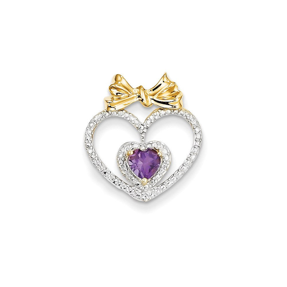 14K Yellow Gold Real Diamond and Amethyst Heart Pendant