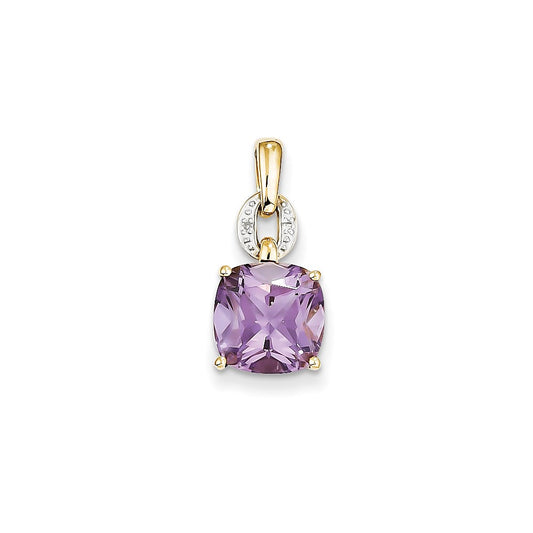 14K Yellow Gold Real Diamond and Amethyst Square Pendant