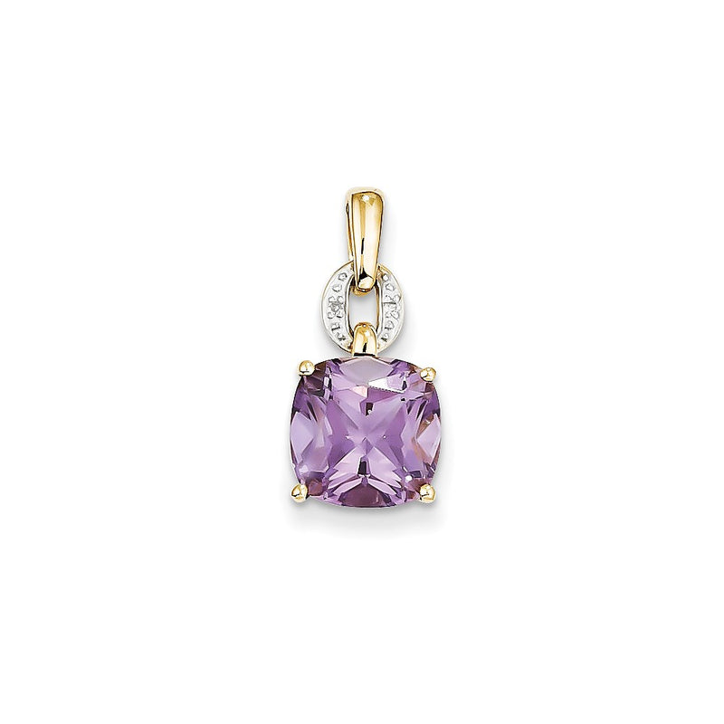 14K Yellow Gold Real Diamond and Amethyst Square Pendant