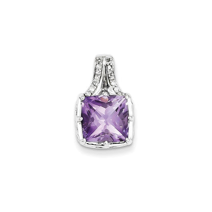 14k White Gold Real Diamond and Amethyst Square Pendant