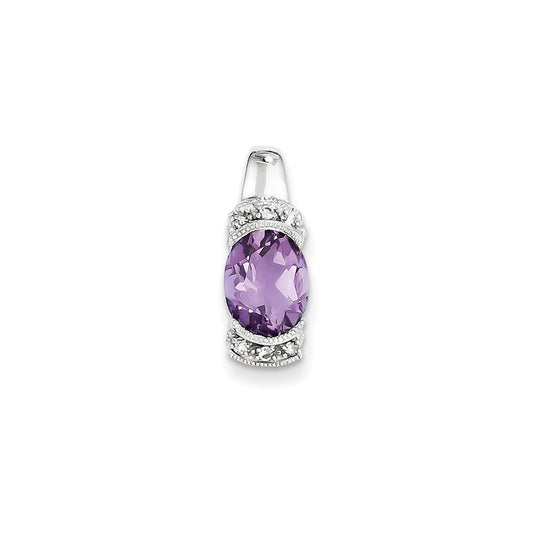 14k White Gold Real Diamond and Amethyst Oval Pendant