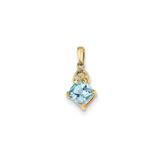 14K Yellow Gold Real Diamond and Light Swiss Blue Topaz Square Pendant