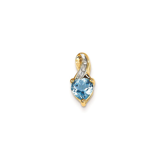 14K Yellow Gold Real Diamond and Light Swiss Blue Topaz Heart Pendant
