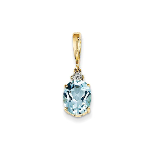 14K Yellow Gold Real Diamond and Blue Topaz Oval Pendant