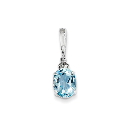 14k White Gold Real Diamond and Blue Topaz Oval Pendant
