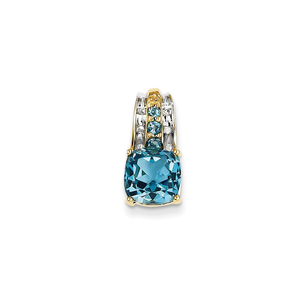14K Yellow Gold Real Diamond and London Blue Topaz Square Pendant
