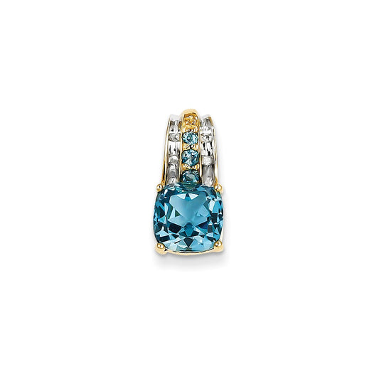 14K Yellow Gold Real Diamond and London Blue Topaz Square Pendant