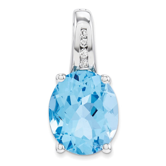 14k White Gold Real Diamond and Blue Topaz Oval Pendant