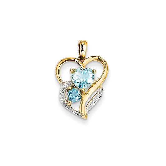 14K Yellow Gold Real Diamond and Sky Blue Topaz Heart Pendant