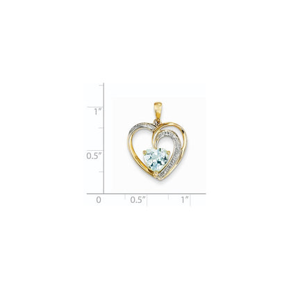 14K Yellow Gold Real Diamond and Blue Topaz Heart Pendant