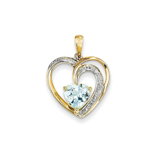 14K Yellow Gold Real Diamond and Blue Topaz Heart Pendant