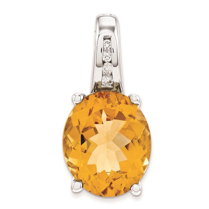 14k White Gold Real Diamond and Citrine Oval Pendant