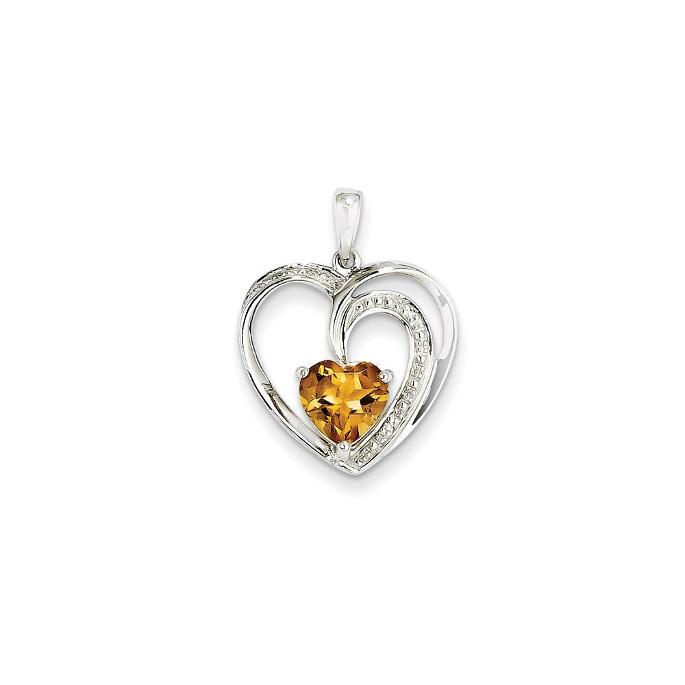 14k White Gold Real Diamond and Citrine Heart Pendant