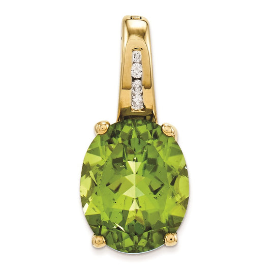 14K Yellow Gold Real Diamond and Peridot Oval Pendant
