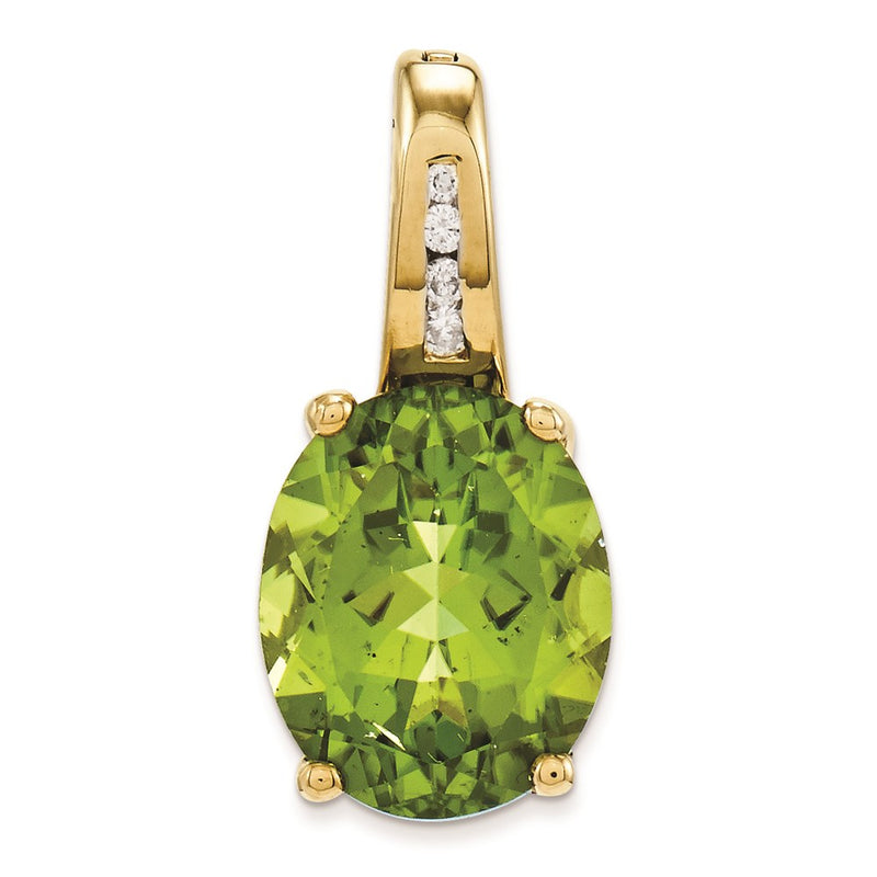 14K Yellow Gold Real Diamond and Peridot Oval Pendant