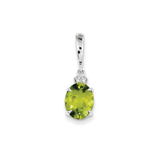 14k White Gold Real Diamond and Peridot Oval Pendant