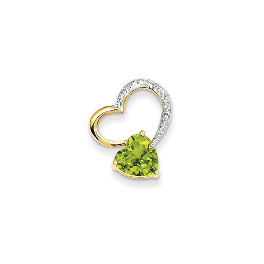 14K Yellow Gold Real Diamond and Peridot Heart Pendant