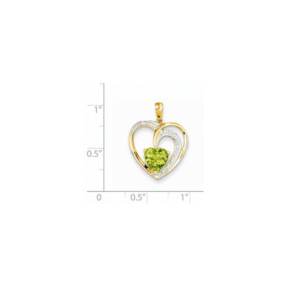 14K Yellow Gold Real Diamond and Peridot Heart Pendant