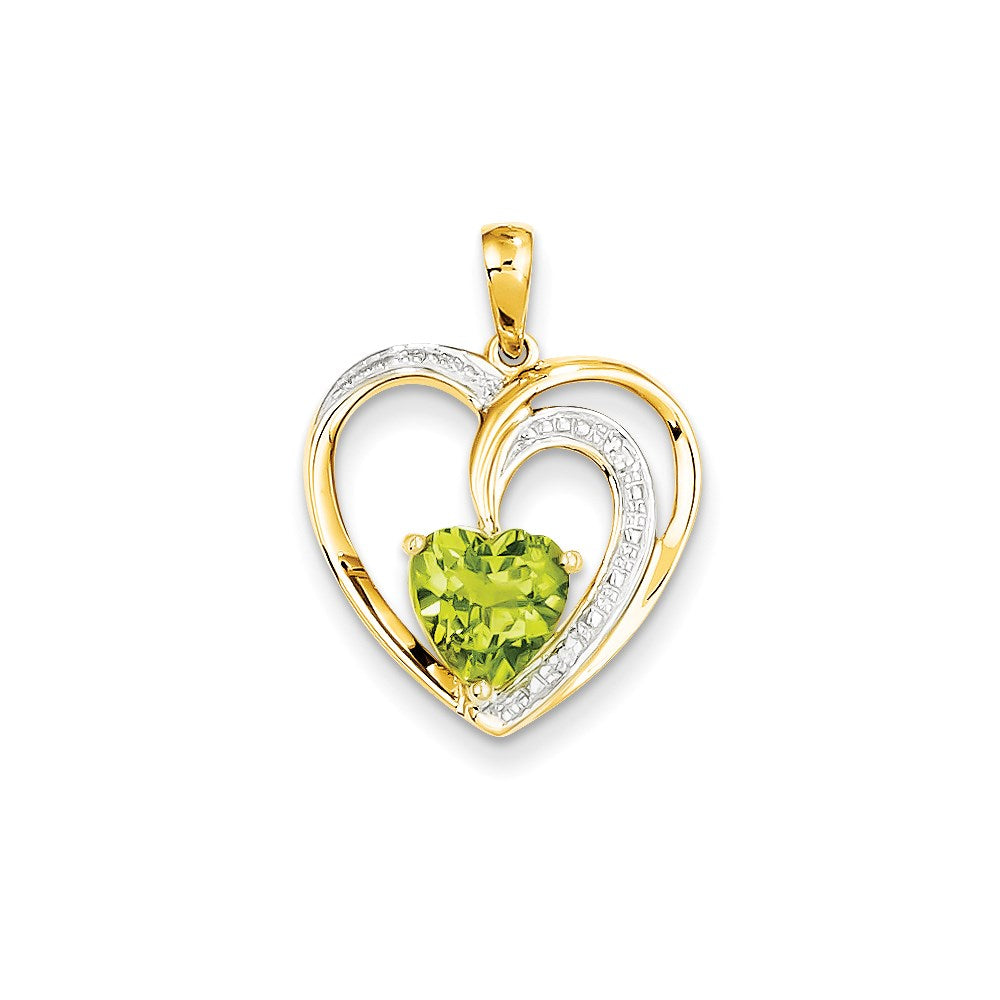 14K Yellow Gold Real Diamond and Peridot Heart Pendant