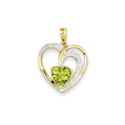 14K Yellow Gold Real Diamond and Peridot Heart Pendant
