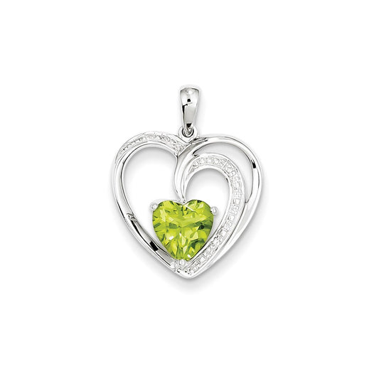 14k White Gold Real Diamond and Peridot Heart Pendant