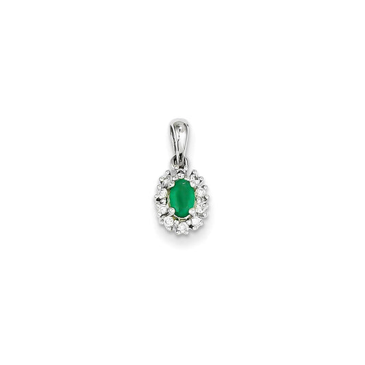 14k White Gold Real Diamond & Emerald Pendant
