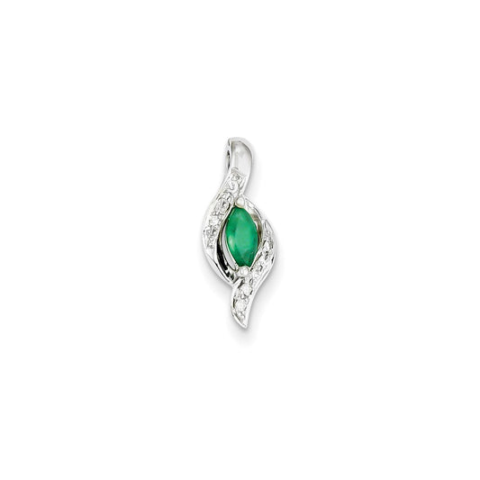 14k White Gold Real Diamond & Emerald Pendant