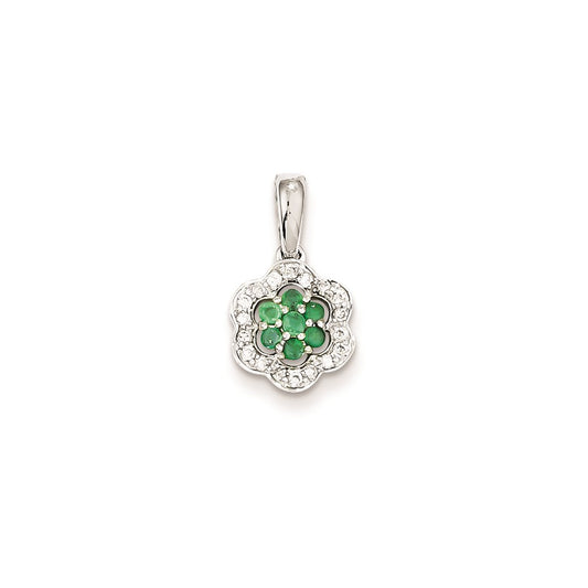14k White Gold Real Diamond & Emerald Pendant