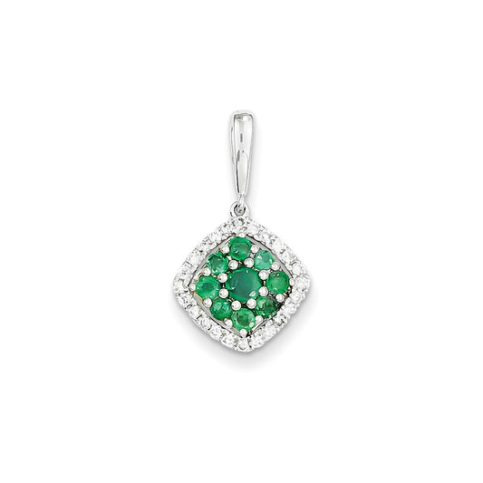 14k White Gold Real Diamond & Emerald Pendant