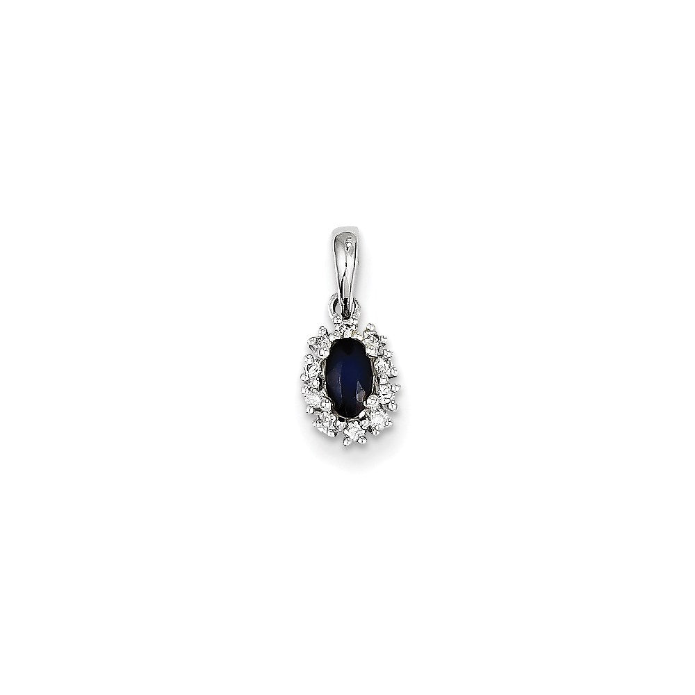 14K White Gold Real Diamond & Sapphire Oval Pendant