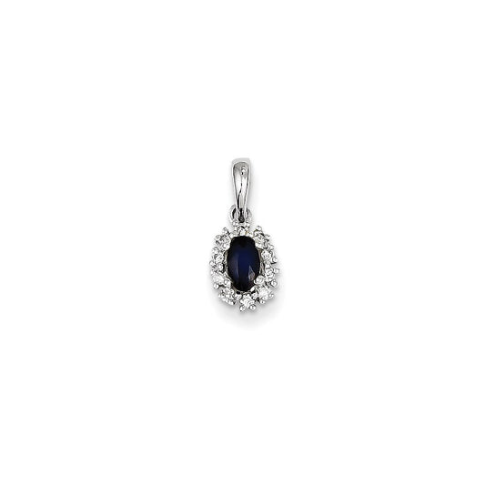 14K White Gold Real Diamond & Sapphire Oval Pendant