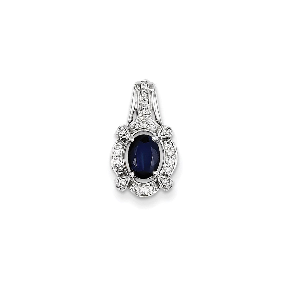 14K White Gold Real Diamond & Sapphire Oval Pendant