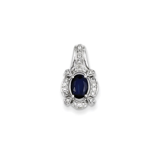 14K White Gold Real Diamond & Sapphire Oval Pendant