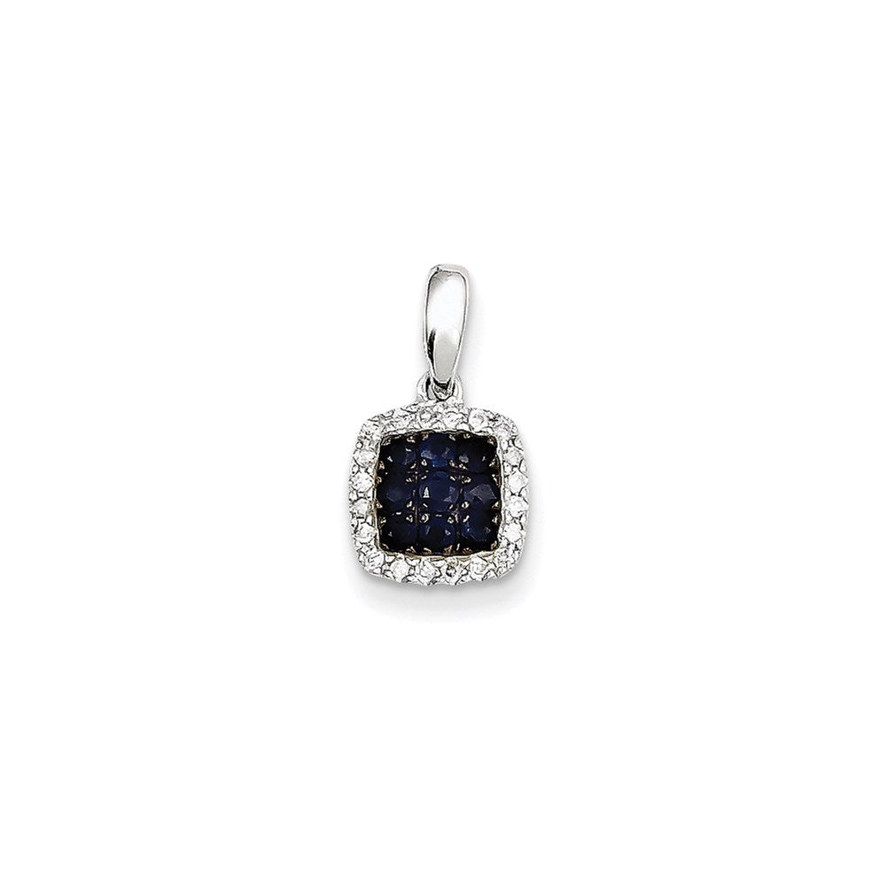14K White Gold Real Diamond & Sapphire Square Pendant