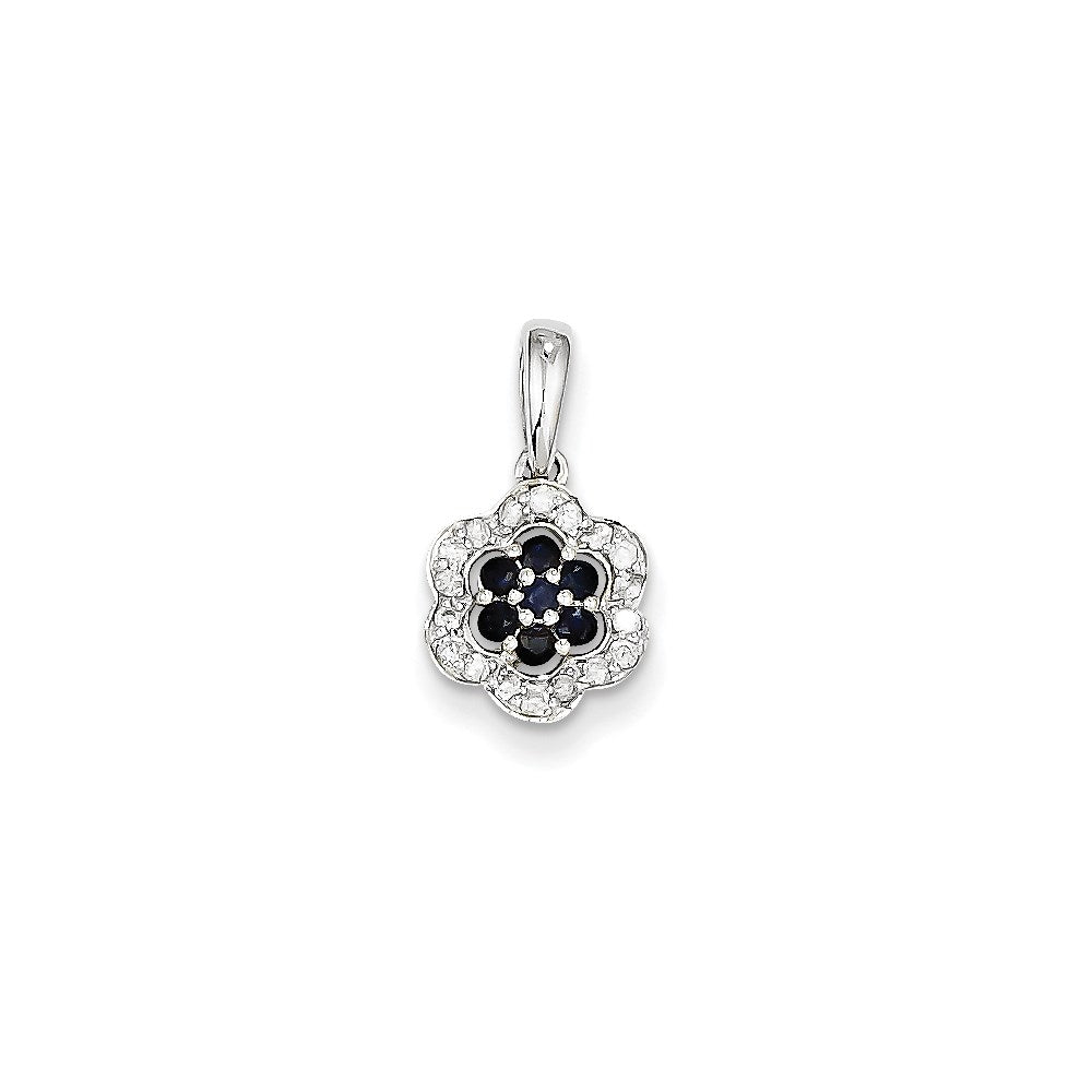 14K White Gold Real Diamond & Sapphire Flower Pendant