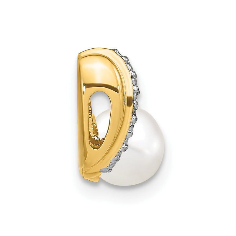 14K Yellow Gold 6-7mm White Round FW Cultured Pearl and Real Diamond Pendant
