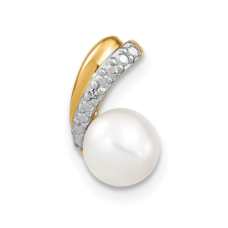 14K Yellow Gold 6-7mm White Round FW Cultured Pearl and Real Diamond Pendant