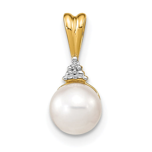 14k 6 7mm White Round Freshwater Cultured Pearl and Diamond Pendant